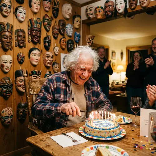 Elderly American Man Celebrating Birthday with Passion for Masks and Painting