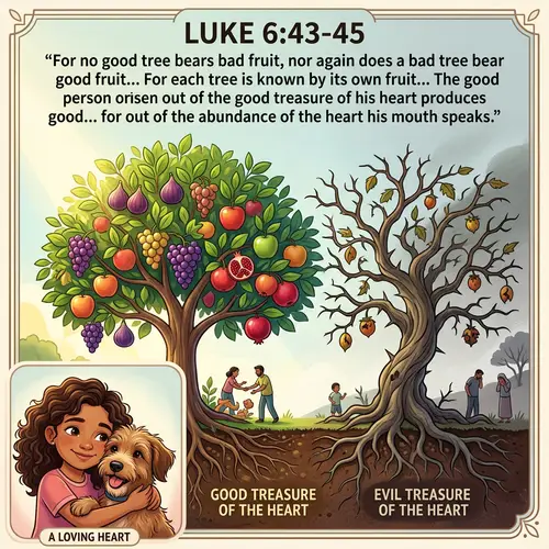 Luke 6:43-45 Bible Verse Image | Girl Hugging Dog