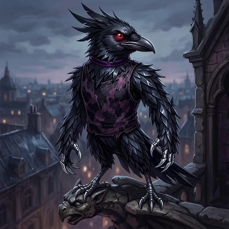 Anthropomorphic Crow with Sharp Blade-like Feathers and Silver Claws Anthropomorphic Crow with Sharp Blade-like Feathers and Silver Claws