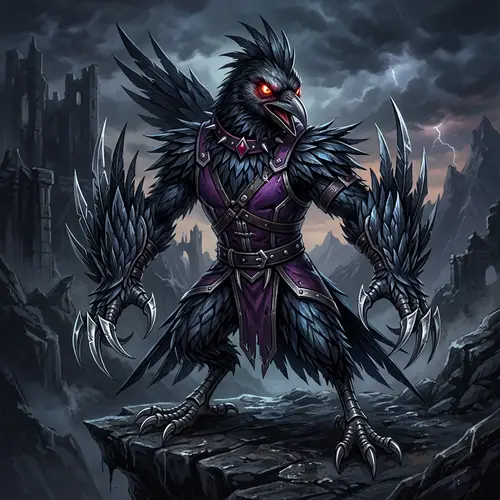 Anthropomorphic Crow with Sharp Feathers and Fiery Eyes