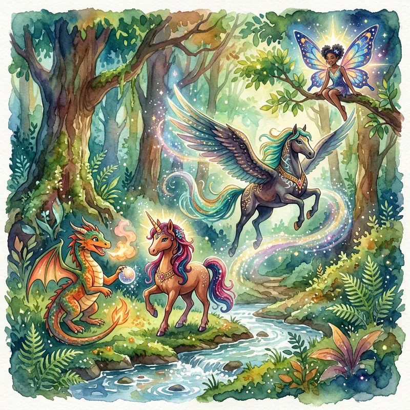 Fantasy Creatures in Ethereal Watercolor Scene Fantasy Creatures in Ethereal Watercolor Scene