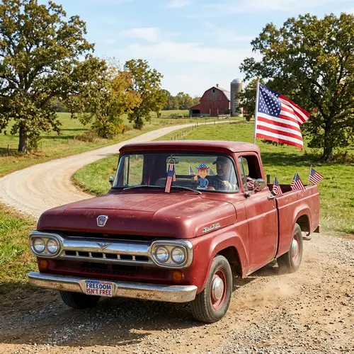 American Flag Truck on Country Road | Patriotic Merchandise
