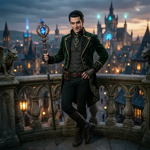 Crafty Character in Green and Black Costume with Scepter