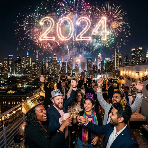 New Year 2024 Fireworks Celebration with Diverse People on Rooftop