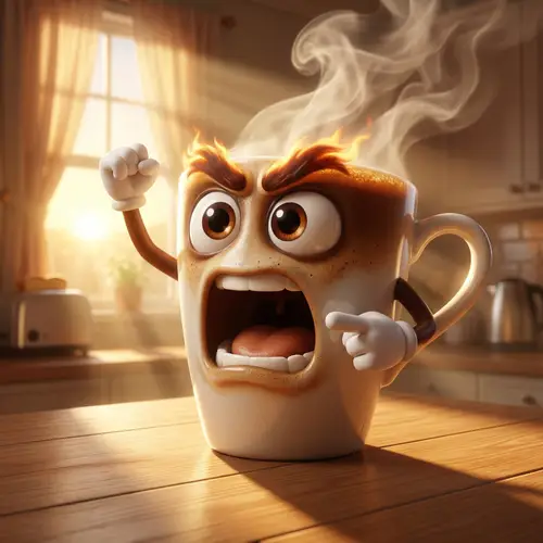 3D Pixar Coffee Cup Drama at Sunrise