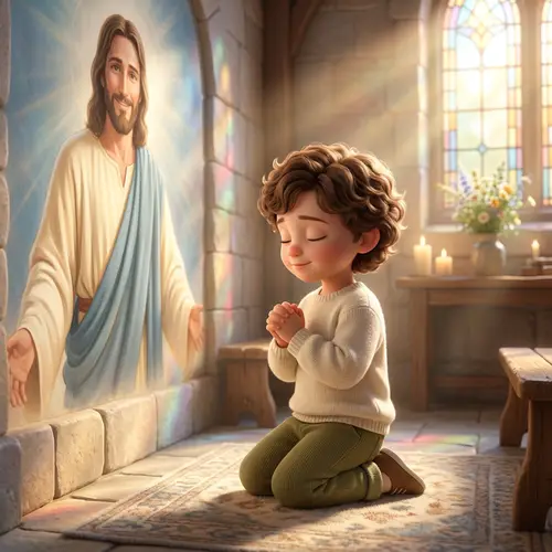 Little Kid Praying to Jesus in 3D Animation