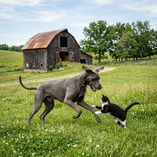 Serene Countryside Scene with Friendly Great Dane and Playful Cat