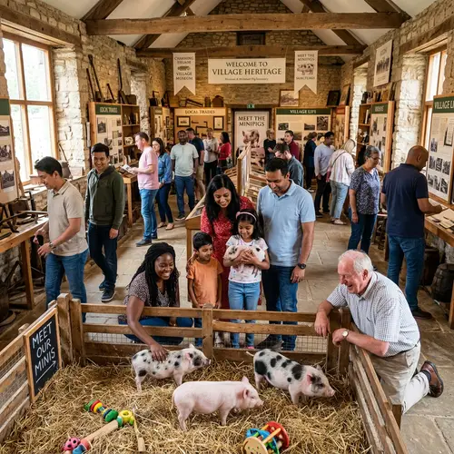 Charming Village Museum with Diverse People and Mini Pigs