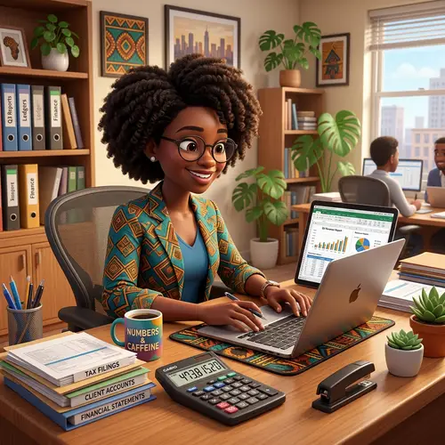 Afrocentric Cartoon Accountant at Work