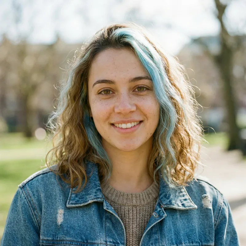 Portrait of Woman with Light Brown Hair and Celeste Blue Streak