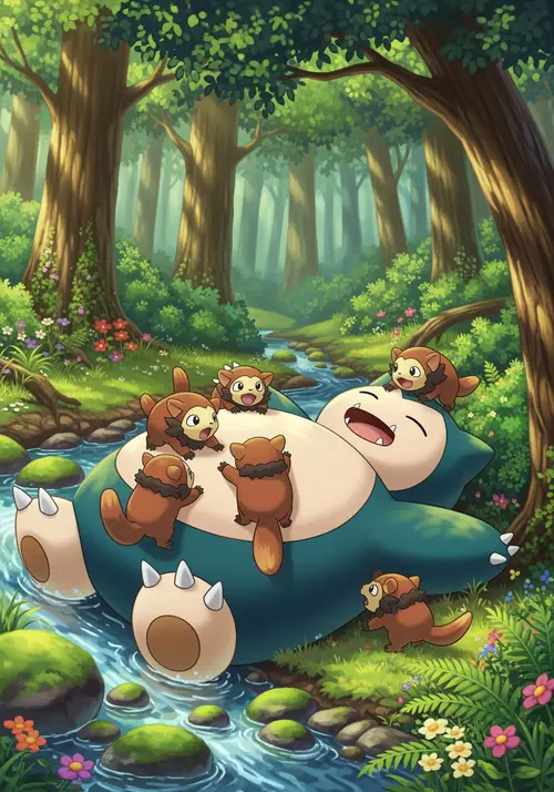 Snorlax and Maushold Enjoying Nature Fun