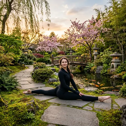 Russian Girl in Splits: Tranquil Japanese Garden