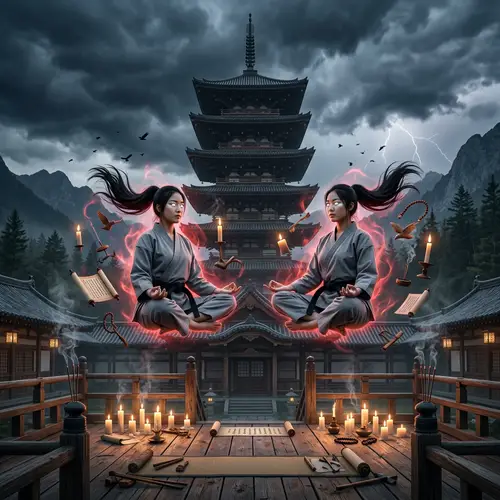 Levitating Korean American Women in Martial Arts Meditation