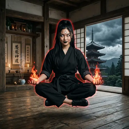 Young Japanese-American Woman Levitating in Lotus Pose with Hellfire Hands