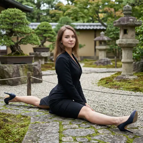 Elegant Russian Girl in Black Heels in Japanese Garden