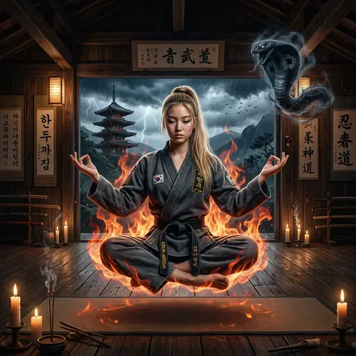 Young Korean-American Woman Meditating in Martial Arts Dojo with Levitation Powers