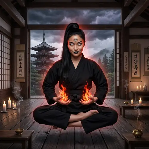 Levitating Japanese-American Cosmic Deity in Martial Arts Attire