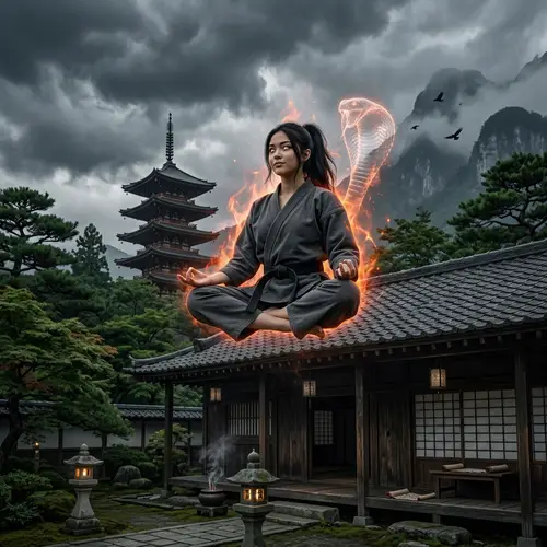 Meditating Young American Woman with Levitation Powers - Mystical Martial Arts Tale