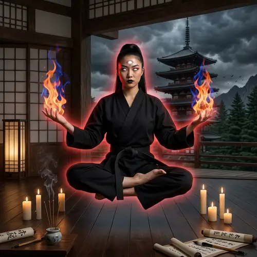 American-Japanese Woman Levitating in Lotus Pose with Mythical Fire