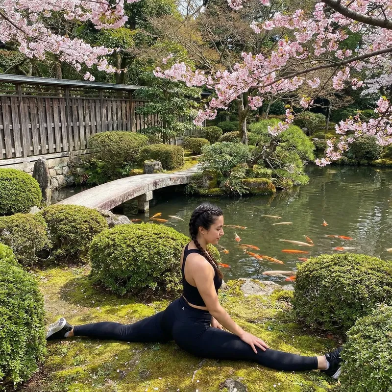 Russian Girl in Black Attire in Japanese Garden Splits