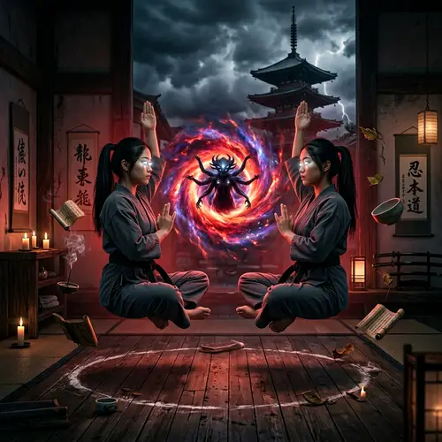 Levitating American Korean Women in Martial Arts Meditation