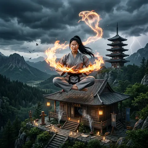 Levitating Young Woman in Martial Arts Attire | Tranquil Adventure