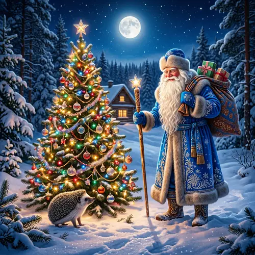 Hedgehog and Ded Moroz: Festive Winter Scene in Russia