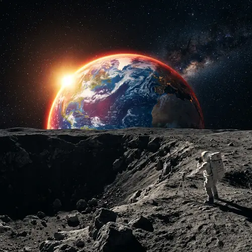 Vibrant Sunrise Over Earth from Moon Surface