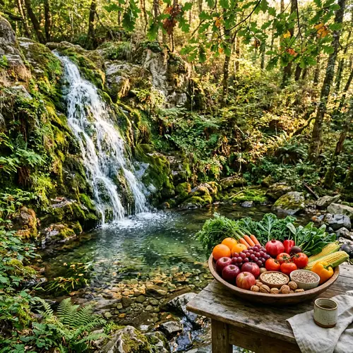 Nature's Bounty: Water Cascading on Moss-Covered Cliff & Abundant Harvest Displayed in Wooden Bowl