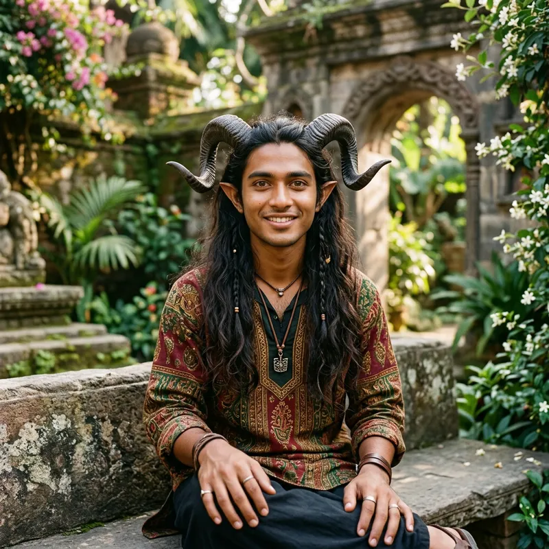 Young Tiefling Man with Medium Horns and Long Hair