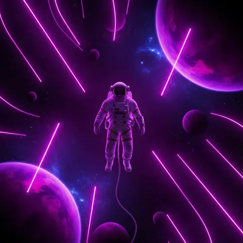 Astronaut in Purple Space with LED Planets