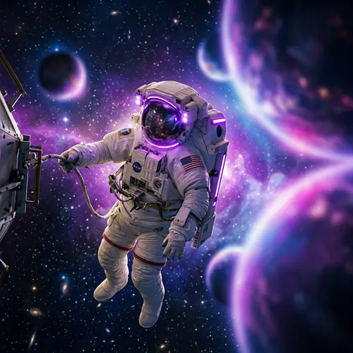 Astronaut in Purple Space with LED Planets