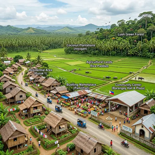 Detailed Rural Scene in Barangay Philippines: Farming, Marketplace & Community Center