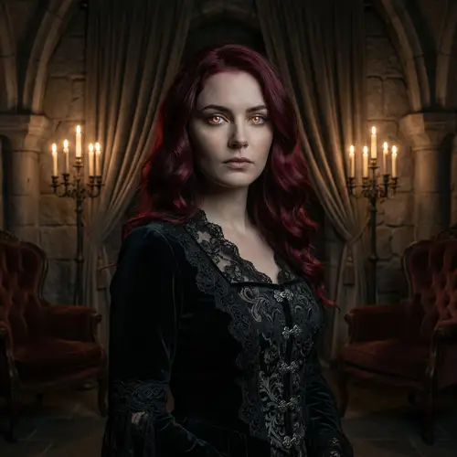 Stoic Vampire Woman in Gothic Attire with Dark Red Hair