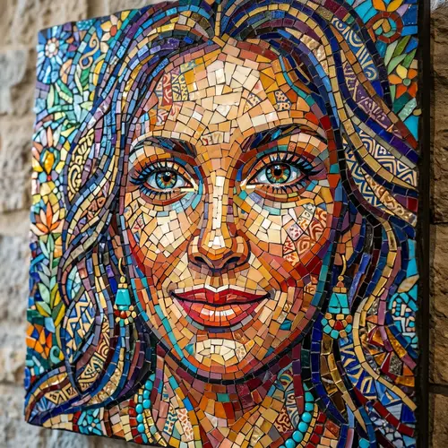 Colorful Mosaic Art portraying a Smiling Woman