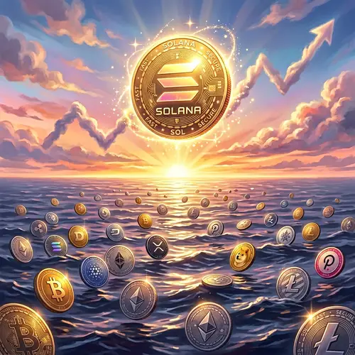 Solana Cryptocurrency Art: Shining Coin Soaring Above a Diverse Crypto Sea