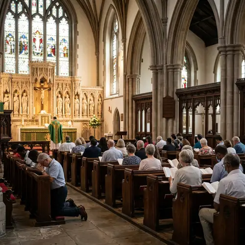Church Interior with Worshippers Near the Altar
