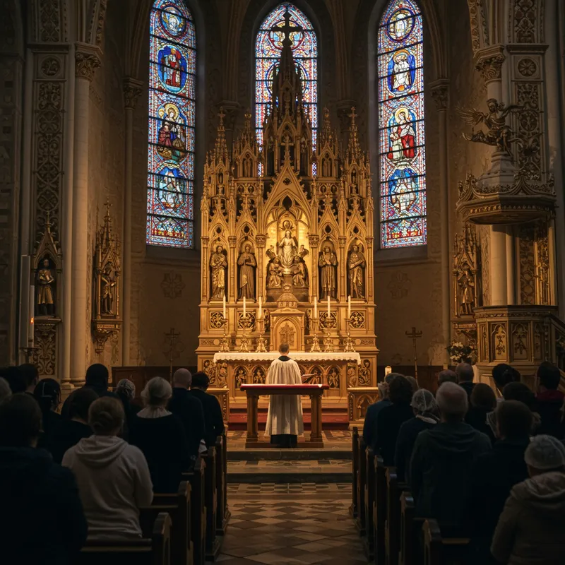 Church Interior with Worshippers Near the Altar