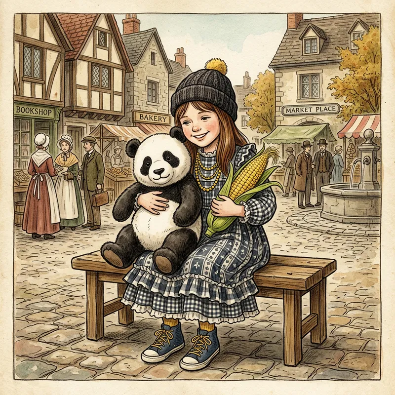 Enchanting Disney-style Illustration of a Girl in Town Square