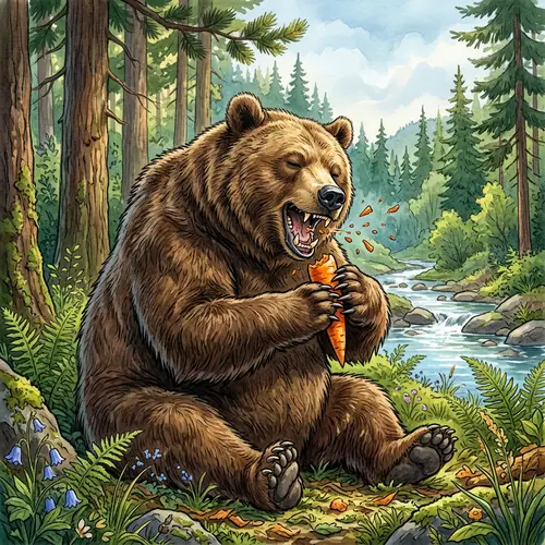 Muscular Bear Enjoying Carrot Feast in Idyllic Forest
