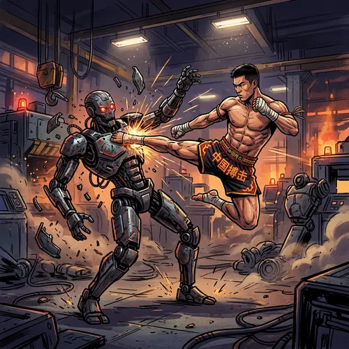 Chinese Kickboxing Fighter vs. Rebellious Robot Battle