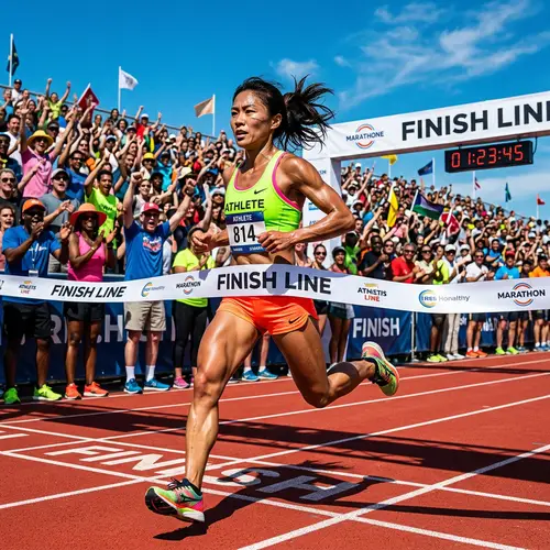 Vibrant Athleticism: Asian Runner at Finish Line in High Contrast