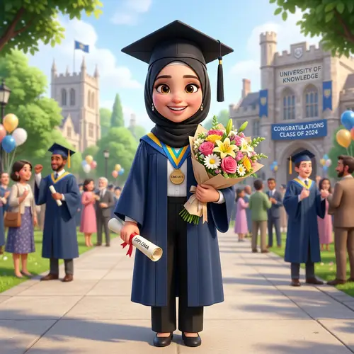Cute 3D Animated Graduation Girl with Flowers