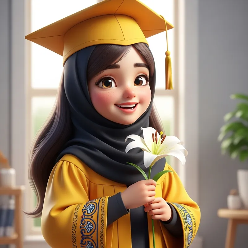 Cute 3D Animated Graduation Girl with Flowers