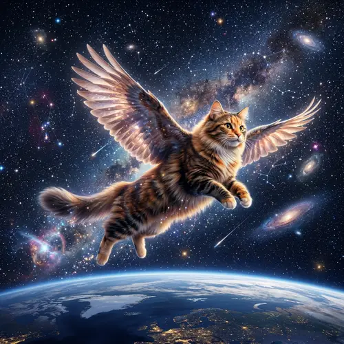Flying Cat Soaring Through Star-Studded Sky