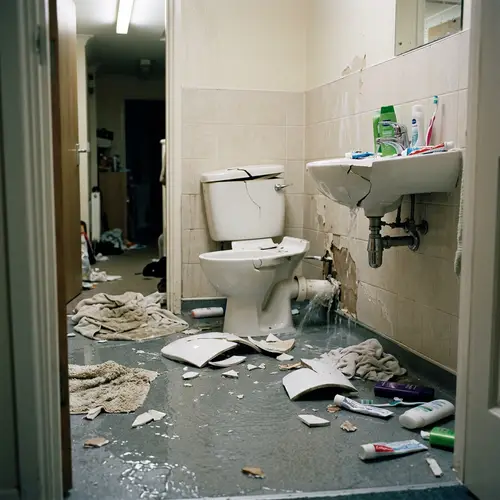 Chaotic Bathroom Scene: Broken Ceramics & Gushing Water