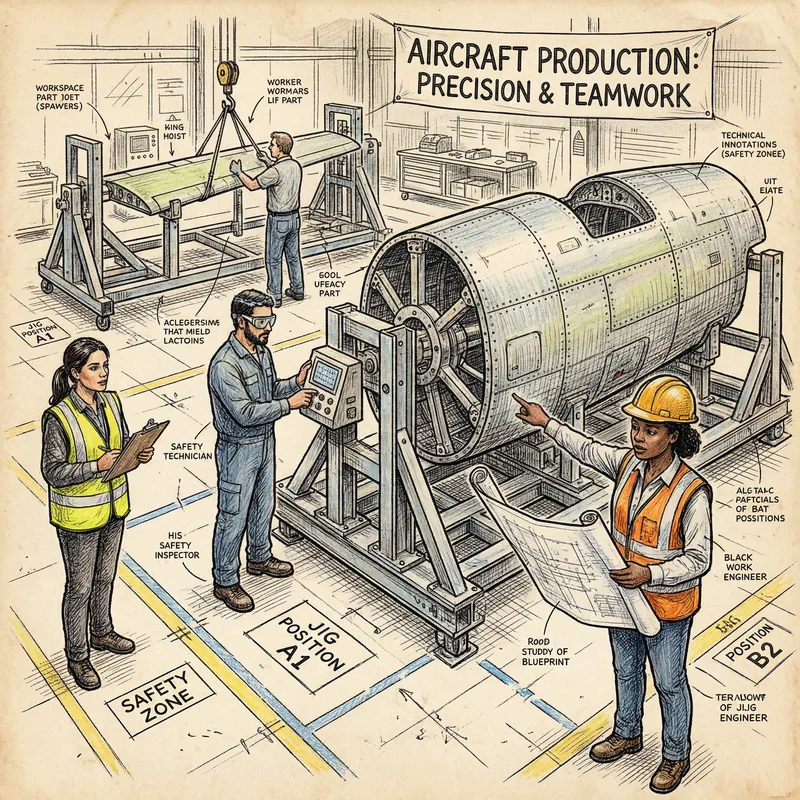 Hand-Drawn Jigs for Aircraft Production Illustration