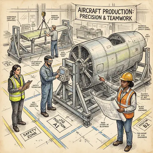 Hand-Drawn Jigs for Aircraft Production Illustration