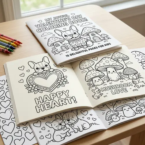 Black and White Coloring Book for Kids | French Bulldogs, Hearts & Mushrooms