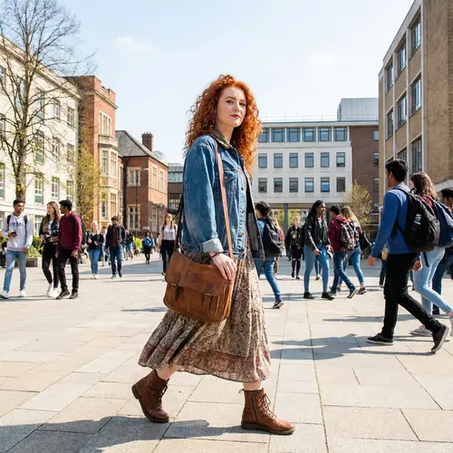 Confident Red-Haired Woman in Stylish Outfit on Campus